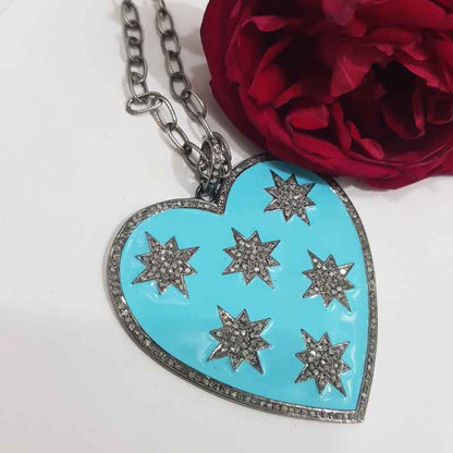 Turquoise Enamel 925 Sterling Silver Handmade Heart Star Pendant, Valentine Gift