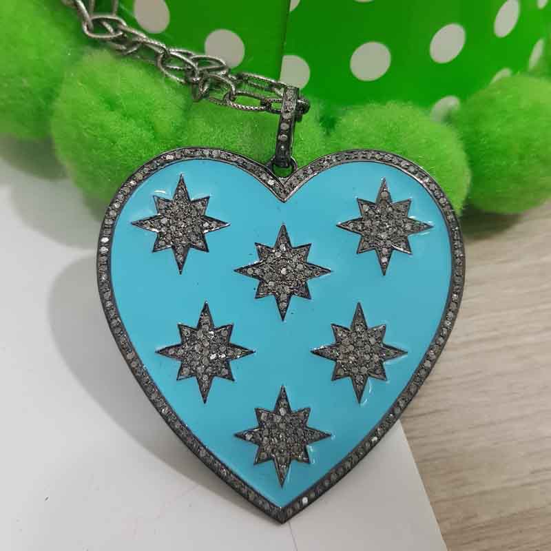 Turquoise Enamel 925 Sterling Silver Handmade Heart Star Pendant, Valentine Gift