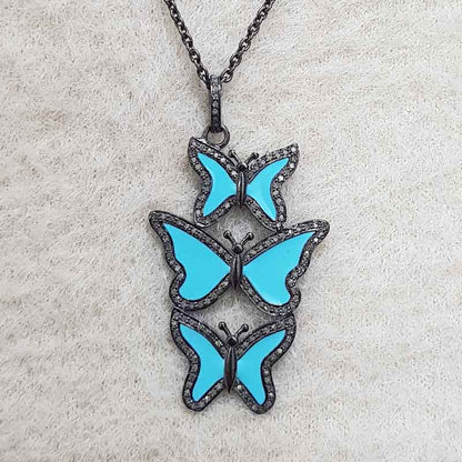 Turquoise Enamel Handmade Designer 3 Layers Butterfly Pendant, Stunning Butterfly Necklace