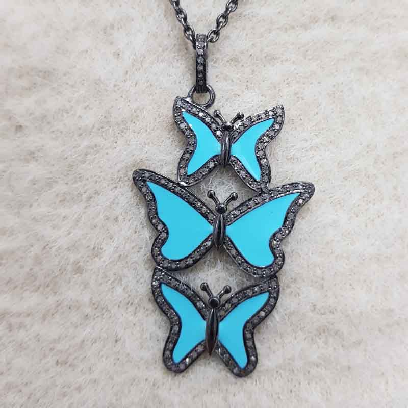 Turquoise Enamel Handmade Designer 3 Layers Butterfly Pendant, Stunning Butterfly Necklace