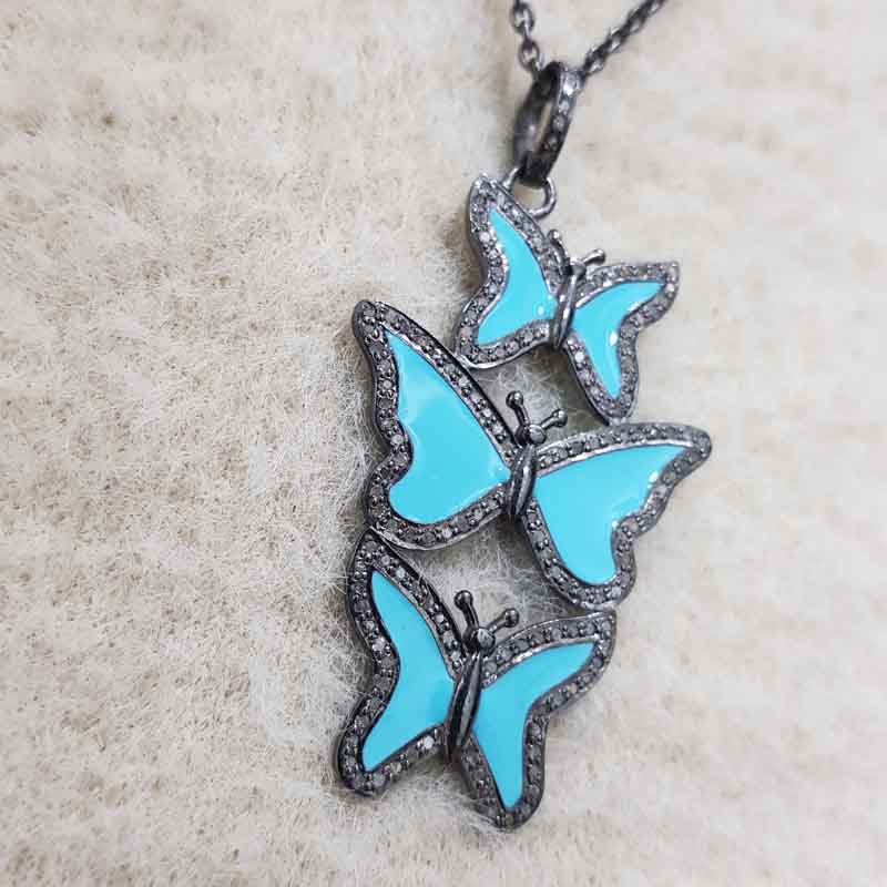 Turquoise Enamel Handmade Designer 3 Layers Butterfly Pendant, Stunning Butterfly Necklace