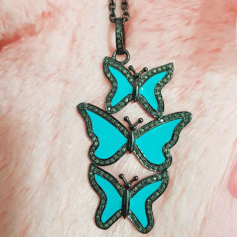 Turquoise Enamel Handmade Designer 3 Layers Butterfly Pendant, Stunning Butterfly Necklace