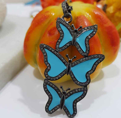 Turquoise Enamel Handmade Designer 3 Layers Butterfly Pendant, Stunning Butterfly Necklace