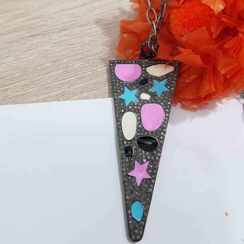 Multi Enamel Pave Diamond Handmade Arrow Head Pendant, Beautiful Enamel Necklace, Wedding Jewelry