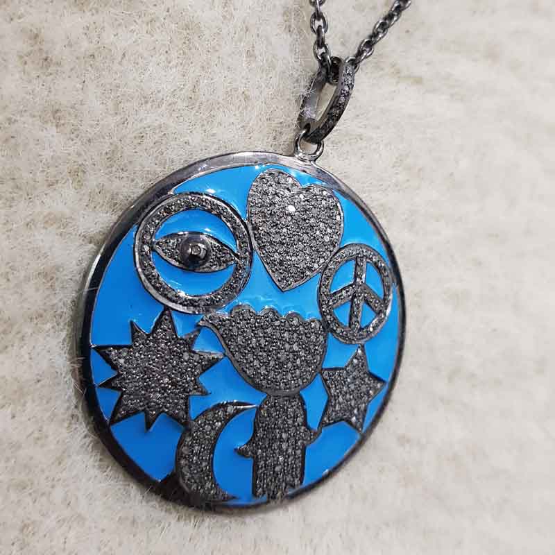 Turquoise Enamel 925 Sterling Silver Handmade Fancy Style Pendant, Wedding Jewelry, Round Enamel Pendant