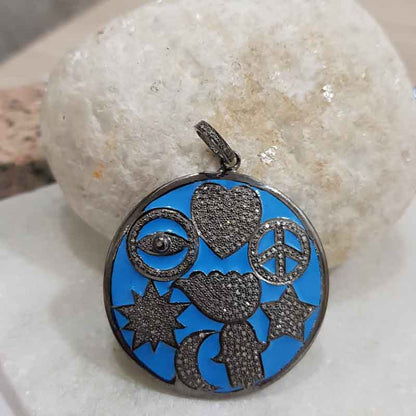 Turquoise Enamel 925 Sterling Silver Handmade Fancy Style Pendant, Wedding Jewelry, Round Enamel Pendant