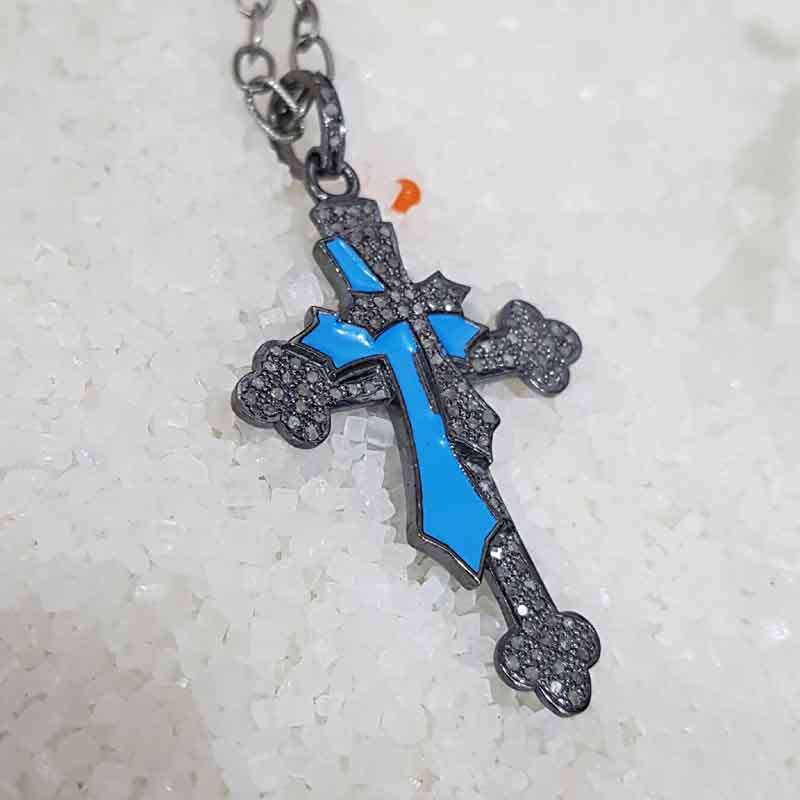 Double Layered Cross Pendant With Turquoise Enamel And Pave Diamond, Christmas Gift