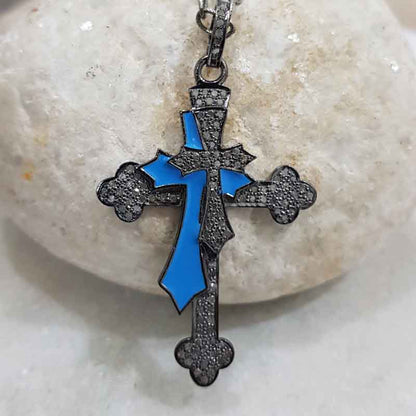 Double Layered Cross Pendant With Turquoise Enamel And Pave Diamond, Christmas Gift