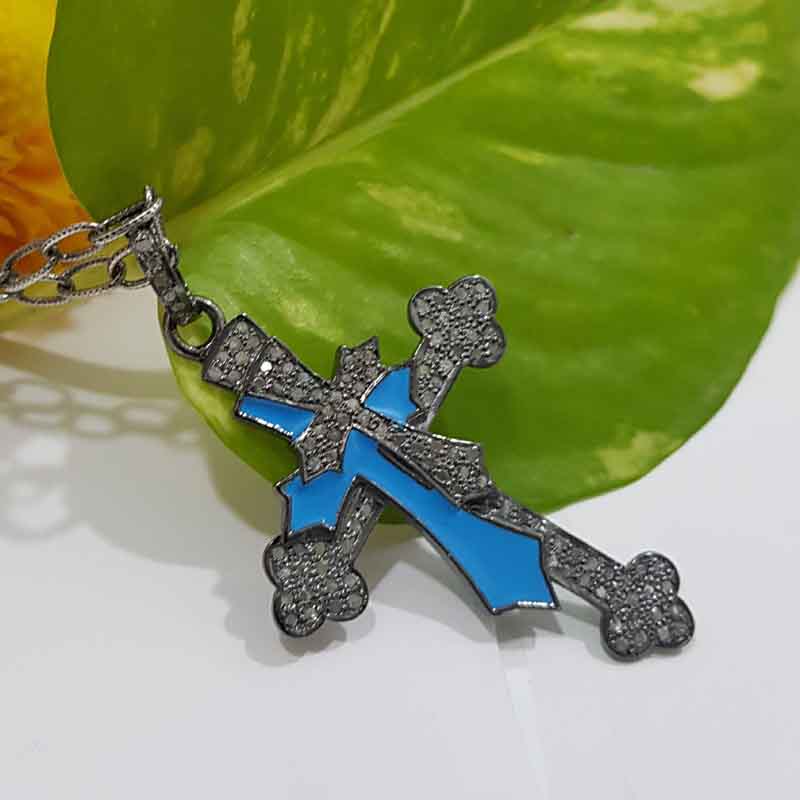 Double Layered Cross Pendant With Turquoise Enamel And Pave Diamond, Christmas Gift