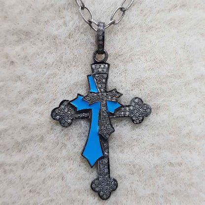 Double Layered Cross Pendant With Turquoise Enamel And Pave Diamond, Christmas Gift