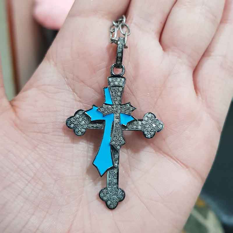 Double Layered Cross Pendant With Turquoise Enamel And Pave Diamond, Christmas Gift