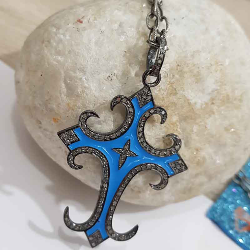 Sterling Silver Turquoise Enamel Cross Designer pendant, Christen Symbol Cross Pendant, Christmas Gift