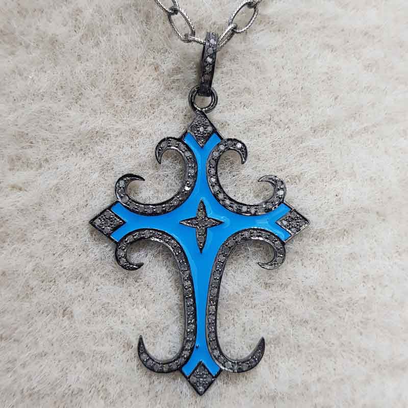 Sterling Silver Turquoise Enamel Cross Designer pendant, Christen Symbol Cross Pendant, Christmas Gift