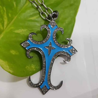 Sterling Silver Turquoise Enamel Cross Designer pendant, Christen Symbol Cross Pendant, Christmas Gift