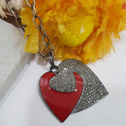 3 Layers Of Heart Red Enamel Pave Diamond pendant, Gift For Lovers, Valentine Gift