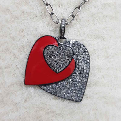 3 Layers Of Heart Red Enamel Pave Diamond pendant, Gift For Lovers, Valentine Gift