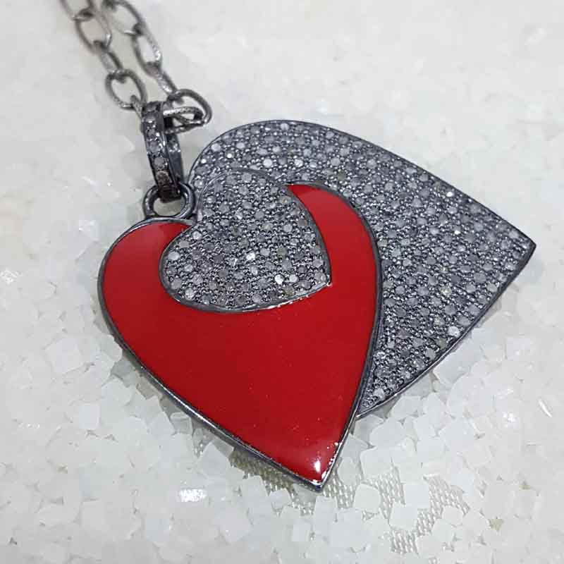 3 Layers Of Heart Red Enamel Pave Diamond pendant, Gift For Lovers, Valentine Gift