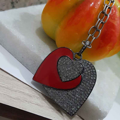 3 Layers Of Heart Red Enamel Pave Diamond pendant, Gift For Lovers, Valentine Gift