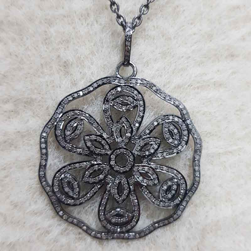 Flower Design 925 Silver Pave Diamond Natural Handmade Fancy Pendant, Stunning Flower Pendant, Statement Jewelry