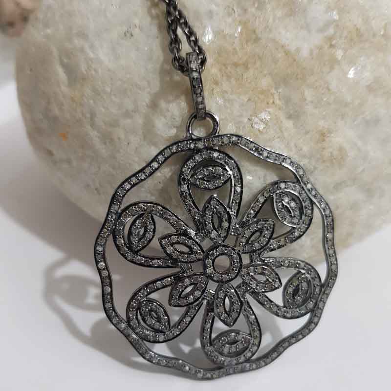 Flower Design 925 Silver Pave Diamond Natural Handmade Fancy Pendant, Stunning Flower Pendant, Statement Jewelry