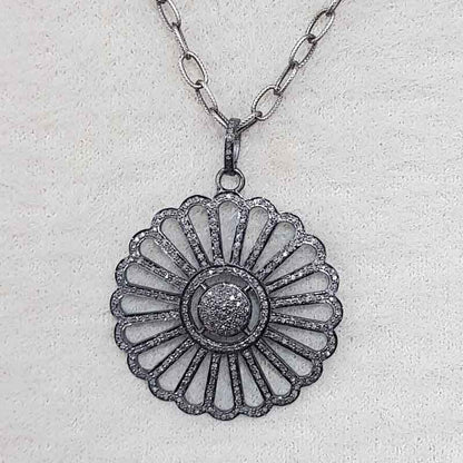 Graceful Pave Diamond Handmade Style Flower pendant, Wedding Gift, Silver Jewelry