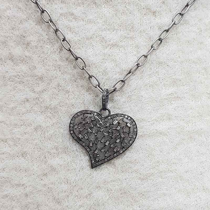 Baguette And Pave Diamond Designer Heart Pendant, valentine's Day Gift, Lovers Gift