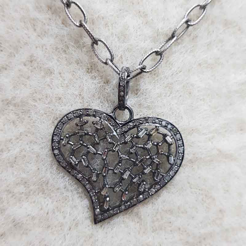 Baguette And Pave Diamond Designer Heart Pendant, valentine's Day Gift, Lovers Gift