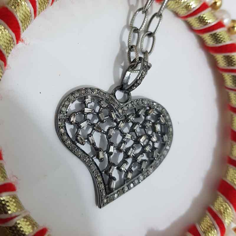 Baguette And Pave Diamond Designer Heart Pendant, valentine's Day Gift, Lovers Gift