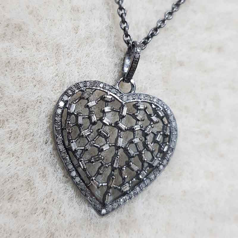 Baguette & Pave Diamond Designer Heart Pendant, Stunning heart necklace, Gift For Mom