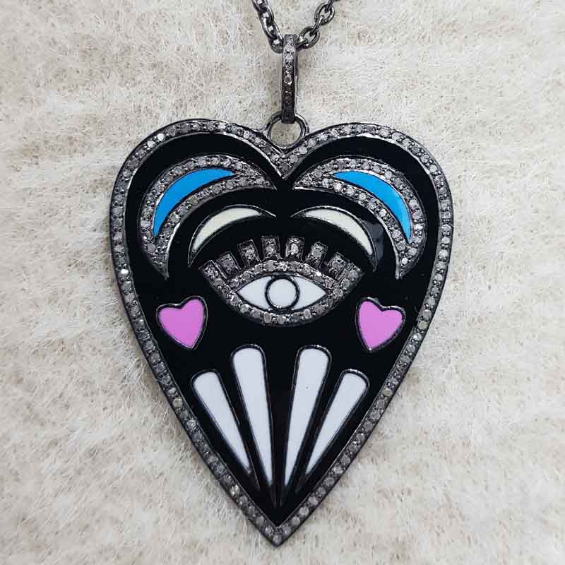 Handmade Designer Heart Pendant With Multi Color Enamel, Heart With Small Evil Eye Enamel Necklace, Anniversary Gift