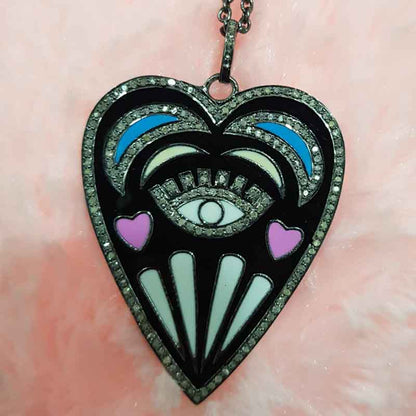 Handmade Designer Heart Pendant With Multi Color Enamel, Heart With Small Evil Eye Enamel Necklace, Anniversary Gift