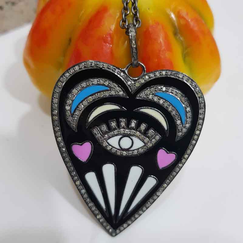 Handmade Designer Heart Pendant With Multi Color Enamel, Heart With Small Evil Eye Enamel Necklace, Anniversary Gift