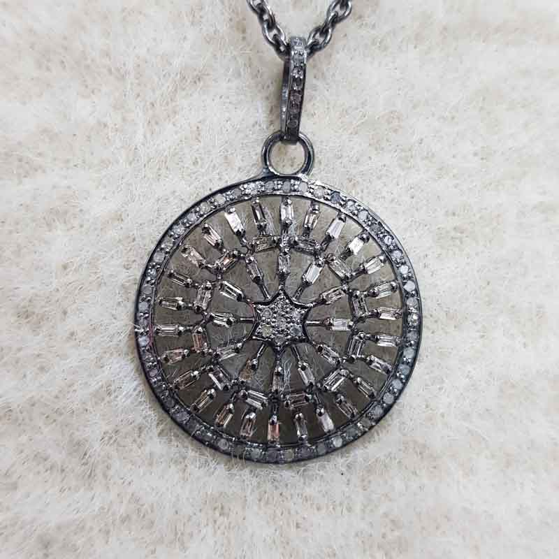 Handmade Designer Round Pendant With Pave Diamonds And Baguette Stone, Anniversary Gift