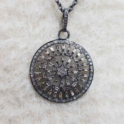 Handmade Designer Round Pendant With Pave Diamonds And Baguette Stone, Anniversary Gift