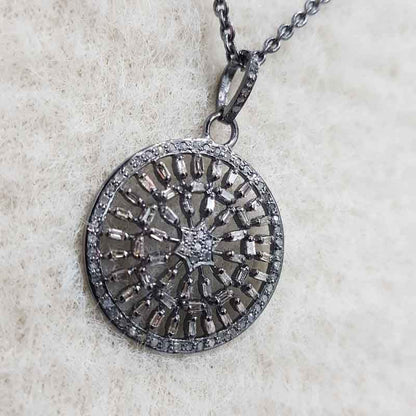 Handmade Designer Round Pendant With Pave Diamonds And Baguette Stone, Anniversary Gift