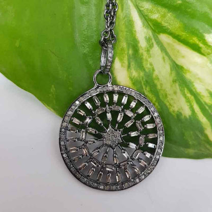 Handmade Designer Round Pendant With Pave Diamonds And Baguette Stone, Anniversary Gift