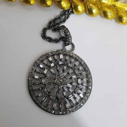 Handmade Designer Round Pendant With Pave Diamonds And Baguette Stone, Anniversary Gift