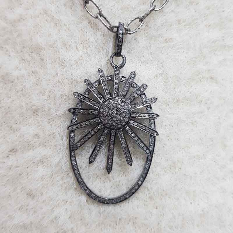 Oval shaped Sunburst style Pave diamond pendant, Unique Sunburst Necklace, Gift For Sister