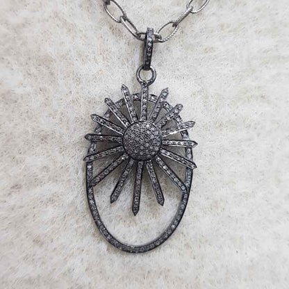 Oval shaped Sunburst style Pave diamond pendant, Unique Sunburst Necklace, Gift For Sister