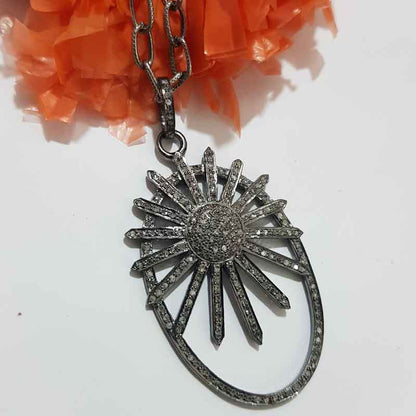 Oval shaped Sunburst style Pave diamond pendant, Unique Sunburst Necklace, Gift For Sister