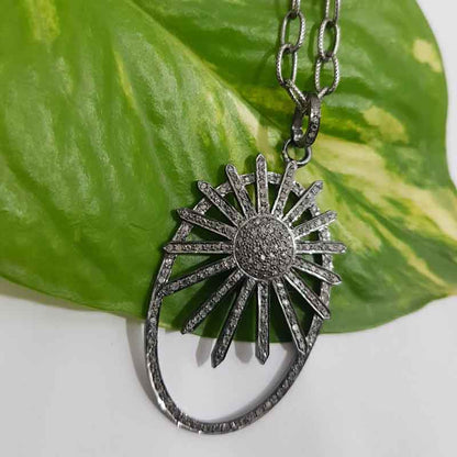 Oval shaped Sunburst style Pave diamond pendant, Unique Sunburst Necklace, Gift For Sister