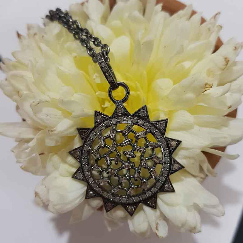 Designer Sunburst Pendant With Baguette And Pave Diamonds, Small Sunburst necklace, Wedding Gift