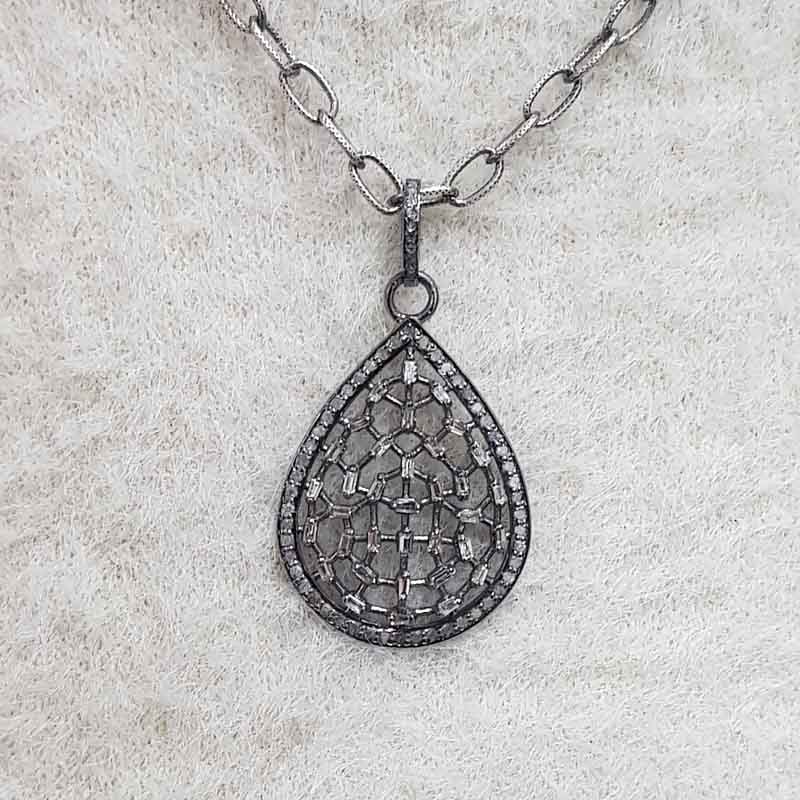 Tear Drop Pave Diamond Baguette Fancy Designer Pendant, Silver Jewelry, Promise Gift