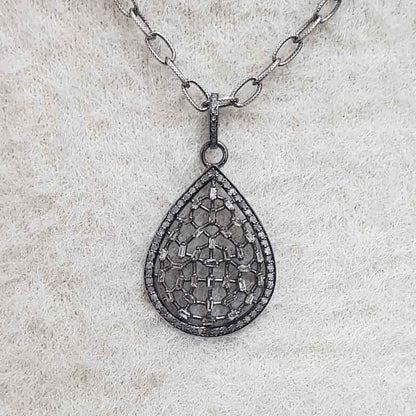 Tear Drop Pave Diamond Baguette Fancy Designer Pendant, Silver Jewelry, Promise Gift