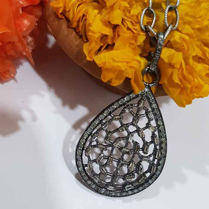 Tear Drop Pave Diamond Baguette Fancy Designer Pendant, Silver Jewelry, Promise Gift