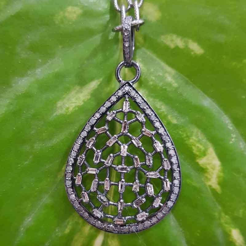 Tear Drop Pave Diamond Baguette Fancy Designer Pendant, Silver Jewelry, Promise Gift