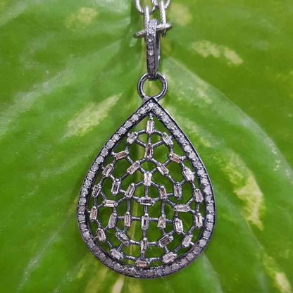 Tear Drop Pave Diamond Baguette Fancy Designer Pendant, Silver Jewelry, Promise Gift