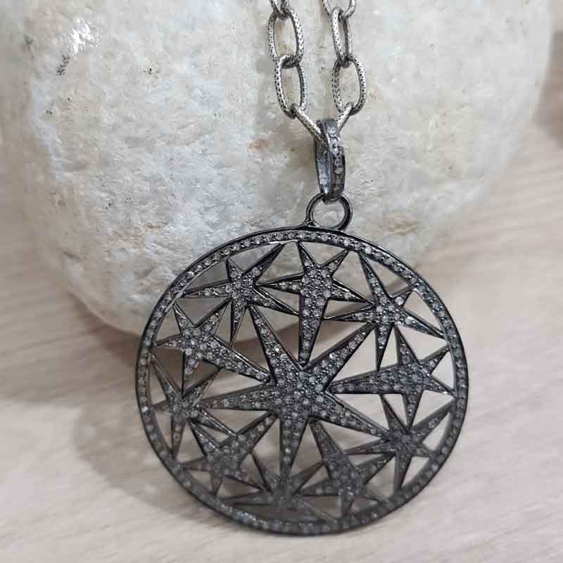 Round Designer Natural Pave Diamond Star Pendant, Stunning Round Design Shape Necklace