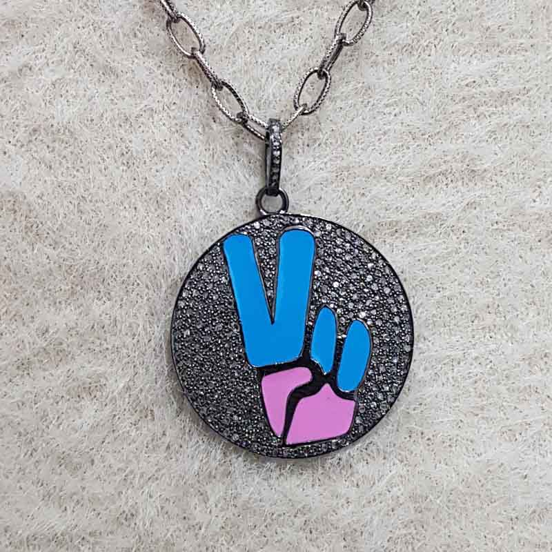 Round Disk Sterling Silver Fancy Designer Enamel Pendant, Blue, Pink Round Shape Necklace, Birthday Gift