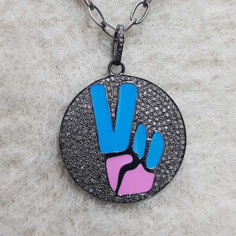 Round Disk Sterling Silver Fancy Designer Enamel Pendant, Blue, Pink Round Shape Necklace, Birthday Gift